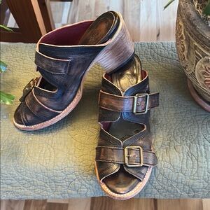 Free Bird Dark Brown Mules with Brass Buckles and Sturdy Sole